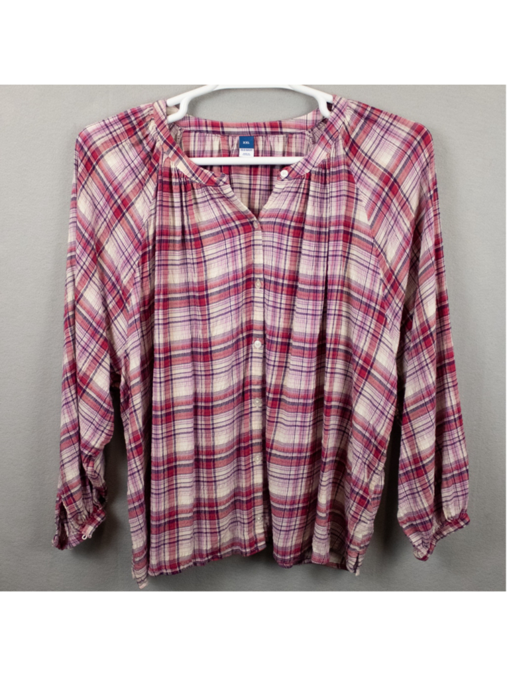 Old Navy pink plaid peasant tunic button down shirt-XXL